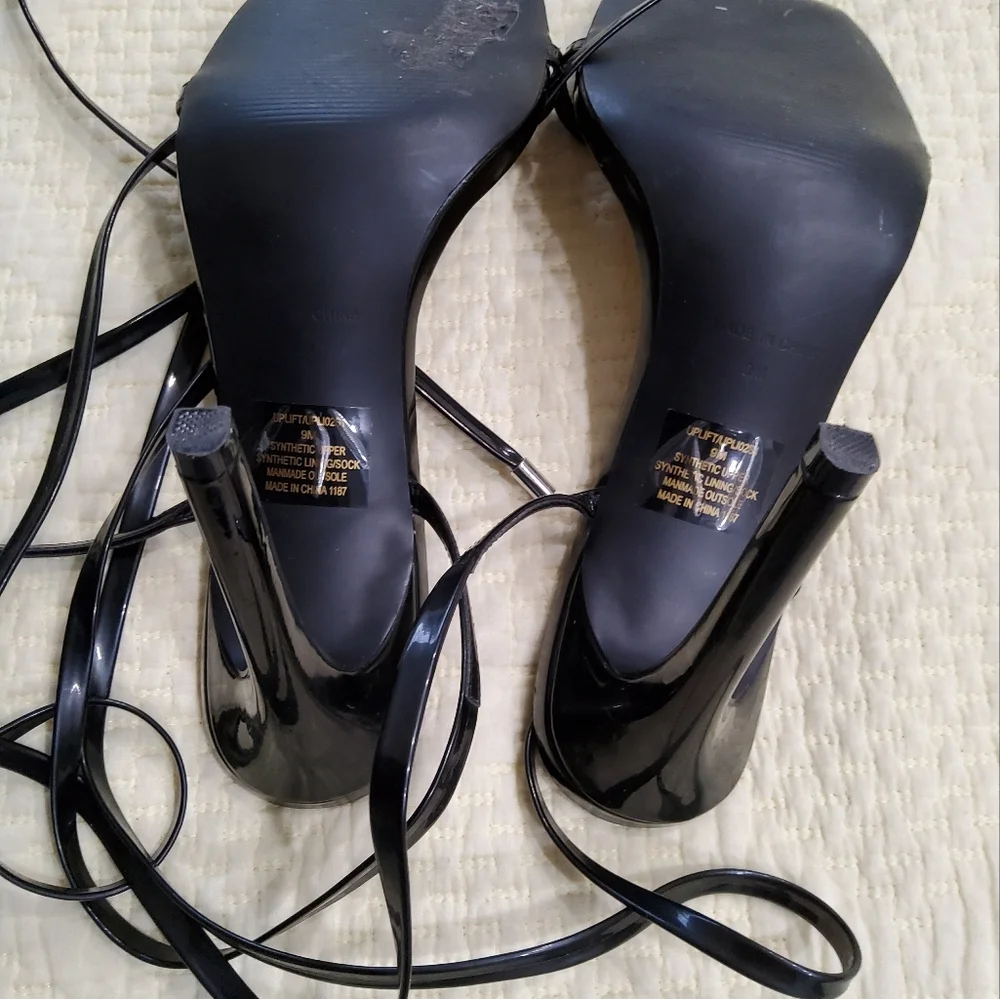 Steve Madden Uplift Vegan Patent Leather Elegant Black Strappy Heels Size 9